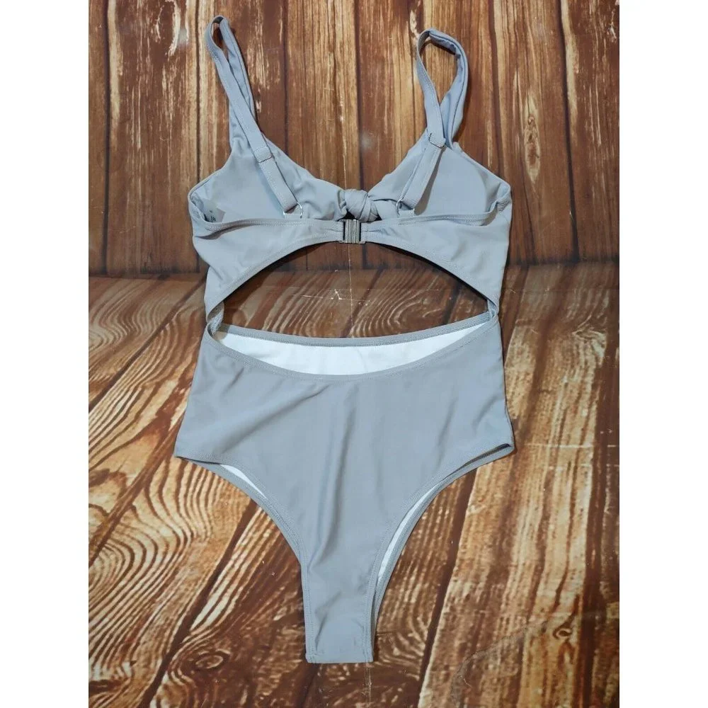 Monokini Swimsuit Light Gray Knot Front Solid One Piece Womens Size Small - Picture 2 of 10